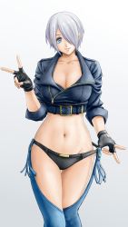 Rule 34 | 1girl, angel (kof), blue eyes, breasts, cleavage, closed mouth, collarbone, commentary request, cropped jacket, fingerless gloves, gloves, grey background, hair over one eye, hand up, highres, jacket, lips, looking at viewer, navel, short hair, simple background, sleeves rolled up, smile, solo, stomach, the king of fighters, v, white hair, x chitch