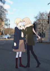 Rule 34 | 10s, 2girls, aqua eyes, arms at sides, blonde hair, blue coat, blue eyes, boots, brown footwear, car, coat, couple, darjeeling (girls und panzer), day, eye contact, face-to-face, full body, girls und panzer, green coat, highres, kay (girls und panzer), knee boots, long hair, looking at another, motor vehicle, multiple girls, neiigal, outdoors, pants, photo background, profile, real life insert, road, scarf, shared clothes, shared scarf, shirt, short hair, skirt, sky, standing, street, tree, yellow scarf, yuri