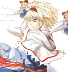 Rule 34 | 1girl, action, alice margatroid, arm up, blonde hair, blue dress, blue eyes, blurry, bow, capelet, dress, from side, grin, hair bow, hand up, highres, lance, long hair, looking to the side, lumo 1121, motion blur, polearm, profile, puppet strings, ribbon, shanghai doll, short hair, simple background, sketch, smile, solid circle eyes, solo, touhou, weapon, white background