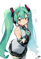 Rule 34 | 1girl, ahoge, anger vein, aqua eyes, aqua hair, aqua necktie, black sleeves, crossed arms, dated, detached sleeves, hatsune miku, headphones, headset, highres, lanter qwq, long hair, looking at viewer, necktie, pout, signature, sketch, skirt, solo, thighhighs, twintails, very long hair, vocaloid, white background