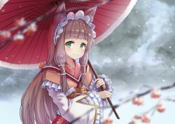 Rule 34 | 1girl, animal ears, blunt bangs, blurry, blurry foreground, branch, brown hair, brown kimono, cat ears, closed mouth, dargo, depth of field, frilled sleeves, frills, green eyes, hair tubes, headdress, holding, holding umbrella, japanese clothes, kimono, long hair, long sleeves, looking at viewer, maho (princess connect!), oil-paper umbrella, outdoors, princess connect!, rain, sidelocks, smile, solo, standing, umbrella, upper body, wide sleeves