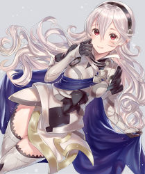 Rule 34 | 1girl, armor, armored boots, armored dress, black gloves, blush, boots, breasts, cape, cape hold, closed mouth, corrin (female) (fire emblem), corrin (fire emblem), dress, dutch angle, fire emblem, fire emblem fates, floating hair, gauntlets, gloves, grey background, hair between eyes, hairband, haru (nakajou-28), highres, long hair, looking at viewer, medium breasts, nintendo, pointy ears, red eyes, short dress, silver hair, simple background, smile, solo, thigh boots, thighhighs, thighs, wavy hair