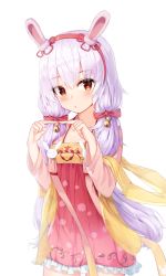 Rule 34 | 1girl, :o, absurdres, animal ears, azur lane, bell, blush, bow, brown eyes, chinese clothes, commentary, dress, fingers together, frilled dress, frills, hair between eyes, hair bow, hairband, hanfu, highres, index fingers together, jingle bell, laffey (azur lane), laffey (white rabbit welcomes the spring) (azur lane), long hair, long sleeves, low twintails, parted lips, pink dress, purple hair, rabbit ears, red bow, red hairband, seero, simple background, solo, twintails, white background