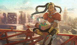 Rule 34 | 1girl, absurdres, bird, box, building, cardinal (animal), city, commentary, crop top, earbuds, earphones, english commentary, gift, gift box, hairband, highres, hip vent, kimberly jackson, looking to the side, morning, official art, quad braids, scarf, shoes, sitting, smartwatch, smile, sneakers, solo, street fighter, street fighter 6, walkman, watch, wrist wrap, wristwatch