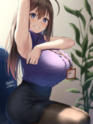 Rule 34 | 1girl, ahoge, arm behind head, arm up, armpits, bare arms, bare shoulders, black skirt, blue eyes, blurry, blush, breasts, brown hair, brown pantyhose, collared shirt, commentary, depth of field, grin, hair between eyes, high-waist skirt, highres, huge breasts, id card, lanyard, long hair, looking at viewer, mole, mole on armpit, oekakizuki, office lady, original, pantyhose, pencil skirt, plant, presenting armpit, purple shirt, senpai (oekakizuki), shirt, shirt tucked in, sitting, skirt, sleeveless, sleeveless shirt, smile, solo, thighs