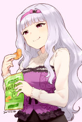 Rule 34 | 1girl, black skirt, blouse, blunt bangs, bodice, buttons, chewing, chips (food), closed mouth, collared shirt, dated, eating, food, frilled shirt, frills, hair intakes, hairband, highres, holding, holding food, idolmaster, idolmaster (classic), long hair, long sleeves, looking away, nagian, pink background, pink eyes, pink hairband, potato chips, shijou takane, shirt, silver hair, simple background, skirt, smile, solo, upper body, wavy hair, white shirt