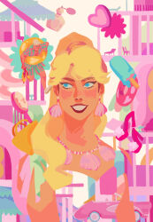 Rule 34 | 1boy, 1girl, absurdres, barbie (character), barbie (franchise), blonde hair, blue eyes, blush, bottle, car, doughnut, earrings, eyelashes, food, high heels, highres, ice cream, jewelry, ken (barbie), long hair, looking at another, motor vehicle, multicolored background, necklace, open mouth, perfume bottle, ponytail, portrait, red lips, roller skates, running, seashell, shell, shirt, short hair, shorts, skates, smile, spearmintaii, striped clothes, striped shirt, vertical stripes, white hair, yellow innertube