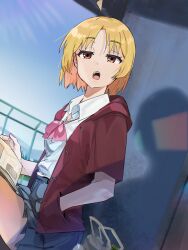 Rule 34 | 1girl, aged down, ahoge, alternate hair length, alternate hairstyle, blonde hair, bocchi the rock!, bow, bowtie, breasts, cardigan, collared shirt, commentary request, dress shirt, dutch angle, fence, funi mu9, grey skirt, hand in pocket, highres, ijichi seika, looking at viewer, open cardigan, open clothes, open mouth, parted bangs, pink bow, pink bowtie, pleated skirt, red cardigan, red eyes, school uniform, shadow, shirt, short hair, sitting, skirt, small breasts, solo, teeth, upper teeth only, white shirt