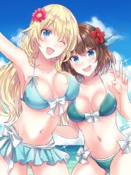 Rule 34 | 2girls, ;d, arm up, armpits, atago (kancolle), bare shoulders, beach, bikini, bikini skirt, blonde hair, blue bikini, blue eyes, blush, breasts, brown hair, cleavage, cloud, collarbone, commentary request, day, flower, green eyes, hair between eyes, hair ornament, halterneck, headgear, kabocha torute, kantai collection, large breasts, long hair, looking at viewer, maya (kancolle), multiple girls, navel, ocean, one eye closed, open mouth, outdoors, red flower, short hair, sky, smile, swimsuit, v, water