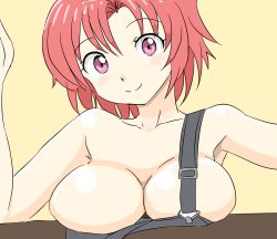 Rule 34 | 10s, 1girl, armpits, bare shoulders, blush, breast rest, breasts, cleavage, closed mouth, cow girl (goblin slayer!), goblin slayer!, head tilt, highres, huge breasts, light blush, looking at viewer, naked suspenders, no bra, pink eyes, red hair, short hair, simple background, smile, solo, suspenders, tekisui, upper body, yellow background