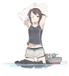 Rule 34 | 10s, 1girl, 2016, armpits, arms up, artist name, black hair, blue eyes, clothes pull, cowboy shot, dated, hair flaps, hayasui (kancolle), kantai collection, kawashina (momen silicon), looking at viewer, machinery, midriff, navel, one eye closed, partially submerged, shorts, skirt, skirt pull, solo, tank top, undressing, wading, water, white background