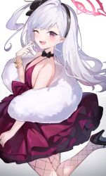 Rule 34 | 1girl, blue archive, breasts, cleavage, grey hair, highres, isaya (pixiv4541633), long hair, looking at viewer, mutsuki (blue archive), one eye closed, open mouth, purple eyes, small breasts, solo