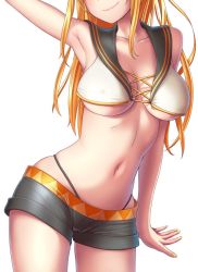 Rule 34 | 1girl, alternate breast size, arm up, armpits, bare arms, blonde hair, breasts, collarbone, kagamine rin, large breasts, long hair, midriff, nail polish, navel, panties, sailor collar, short shorts, short sleeves, shorts, simple background, smile, solo, stomach, thong, underboob, underwear, vocaloid, white background, wokada