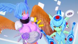 Rule 34 | 2girls, 3d, belt, blue hair, breast envy, breasts, clothing cutout, digimon, digimon (creature), digimon frontier, frog girl, harpy, head wings, helmet, mask, monster girl, multiple girls, navel cutout, one-piece swimsuit, ranamon, red eyes, shutumon, size difference, swimsuit, wings