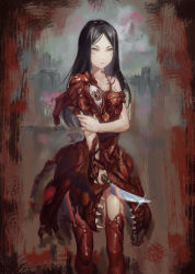 Rule 34 | 1girl, absurdres, alice: madness returns, alice (alice in wonderland), alice in wonderland, alice liddell (american mcgee&#039;s alice), american mcgee&#039;s alice, american mcgee's alice, black hair, breasts, dress, food, guro, highres, liyou-ryon, long hair, meat, solo, standing