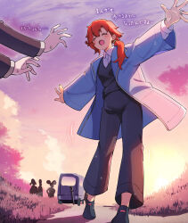 Rule 34 | car, chuatury panlunch, collared shirt, crutch, grass, gundam, gundam suisei no majo, happy, highres, hood, hooded jacket, jacket, miorine rembran, motor vehicle, open mouth, outstretched arms, ponytail, red hair, shirt, silhouette, smile, spoilers, suletta mercury, translation request, umihal, walking