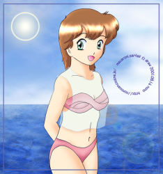 Rule 34 | 00s, 1980s (style), 1girl, 2001, arms behind back, artist request, august, bikini, breasts, brown hair, child, cloud, collarbone, dated, green eyes, kazuki mai, looking at viewer, magical girl, mahou no star magical emi, navel, ocean, oldschool, open mouth, pink bikini, retro artstyle, see-through, see-through shirt, shirt, short hair, sky, small breasts, smile, standing, sun, swimsuit, tank top, water
