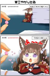 Rule 34 | 1boy, 1girl, 2koma, :o, absurdres, amagi-chan (azur lane), animal ear fluff, animal ears, azur lane, bait and switch, blunt bangs, brown hair, candy, comic, commander (azur lane), commentary request, eyeshadow, feeding, food, fox ears, fox girl, fox tail, gameplay mechanics, gloves, hair ornament, hair ribbon, hairclip, highres, holding, holding candy, holding food, japanese clothes, kitsune, kyuubi, long hair, long sleeves, looking at viewer, makeup, military, military uniform, mini person, minigirl, multiple tails, naval uniform, out of frame, paper stack, peeking out, purple eyes, ribbon, rope, shimenawa, sidelocks, signature, size difference, tail, taisa (kari), thick eyebrows, translation request, twintails, twitter username, uniform, white gloves, wide sleeves