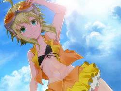 Rule 34 | 1girl, ahoge, armpits, bandeau, bikini, bikini top only, breasts, cleavage, cloud, day, frilled skirt, frills, front-tie top, goggles, goggles on head, green eyes, green hair, gumi, lens flare, matching hair/eyes, midriff, navel, red-tinted eyewear, short hair, skirt, sky, small breasts, smile, solo, swimsuit, tinted eyewear, vocaloid, yucco kxoxc