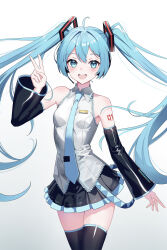 Rule 34 | 1girl, :d, absurdres, ahoge, arm tattoo, black skirt, black sleeves, black thighhighs, blue eyes, blue hair, blue necktie, blue trim, breasts, collared shirt, commentary, cowboy shot, detached sleeves, floating hair, gradient background, hair between eyes, hair ornament, hatsune miku, headphones, headset, highres, long hair, long sleeves, looking at viewer, microphone, miniskirt, necktie, number tattoo, open mouth, pleated skirt, procrastinator, procrastinator39, shirt, skirt, sleeveless, sleeveless shirt, small breasts, smile, solo, standing, tattoo, thighhighs, twintails, v, very long hair, vocaloid, white background, white shirt, wing collar, zettai ryouiki