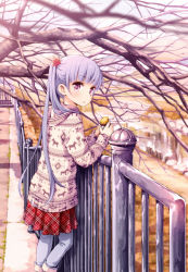 Rule 34 | 10s, 1girl, :o, absurdres, blurry, blush, denim, depth of field, food, food on face, hair ornament, highres, jeans, long hair, looking at viewer, new game!, official art, outdoors, pants, pleated skirt, purple eyes, purple hair, railing, red skirt, scan, skirt, solo, suzukaze aoba, sweater, sweet potato, tokunou shoutarou, tree, twintails