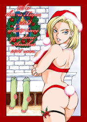 Rule 34 | android 18, ass, blonde hair, blue eyes, bob cut, breast hold, breasts, christmas, christmas wreath, clenched teeth, crossed arms, dragon ball, dragonball z, earrings, english text, fake tail, from behind, fur trim, hat, highres, hoop earrings, indoors, jewelry, kugayama hodai, large breasts, legs, looking back, medium hair, nail polish, rabbit tail, santa hat, socks, solo, standing, tail, teeth, thigh strap, thighs, thong, wreath
