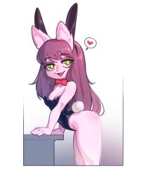Rule 34 | 1girl, animal ears, black leotard, blush, breasts, cleavage, colored skin, fake animal ears, fake tail, fangs, female focus, from side, highres, league of legends, leaning forward, leotard, long hair, looking at viewer, looking to the side, lulu (league of legends), naughty face, open mouth, pink skin, playboy bunny, purple hair, rabbit ears, shortstack, simple background, small breasts, solo, standing, tail, troppart, white background, yellow eyes
