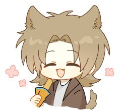 Rule 34 | 1boy, :3, animal ears, brown jacket, chinese commentary, closed eyes, commentary, dog boy, dog ears, dog tail, fang, food, happy aura, holding, holding food, jacket, kemonomimi mode, light brown hair, male focus, medium hair, no nose, open clothes, open jacket, open mouth, parted bangs, saibou shinkyoku, sanwei16909, shinano eiji, shirt, simple background, smile, solo, tail, white background, white shirt