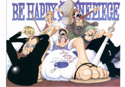 Rule 34 | 1girl, 4boys, bear, black hair, blonde hair, cigarette, colorspread, copyright name, cover, cover page, green hair, hair over one eye, haramaki, hat, highres, lipstick, makeup, monkey d. luffy, multiple boys, nami (one piece), oda eiichirou, official art, one piece, open clothes, open mouth, open shirt, orange hair, overalls, roronoa zoro, sandals, sanji (one piece), scar, sheath, sheathed, shirt, sitting, smoking, sword, tattoo, usopp, wado ichimonji, weapon