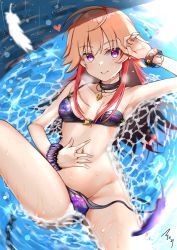 Rule 34 | 1girl, absurdres, ahoge, armpits, artist name, bikini, black choker, bracelet, breasts, choker, closed mouth, commentary request, from above, hand in own hair, hand on own stomach, heart, highres, idolmaster, idolmaster cinderella girls, jewelry, leg up, long hair, looking at viewer, lying, mabanna, multicolored hair, navel, ninomiya asuka, on back, partially submerged, pink hair, purple bikini, purple eyes, red hair, side-tie bikini bottom, signature, single strap, small breasts, smile, solo, swimsuit, two-tone hair, untied bikini, water, wet