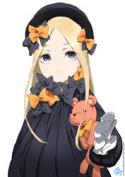 Rule 34 | 1girl, abigail williams (fate), b.c.n.y., black bow, black dress, black hat, blonde hair, bow, commentary request, dated, dress, fate/grand order, fate (series), forehead, hair bow, hat, hugging object, long hair, long sleeves, looking up, orange bow, parted bangs, parted lips, polka dot, polka dot bow, purple eyes, sidelocks, signature, simple background, sleeves past wrists, solo, stuffed animal, stuffed toy, teddy bear, watermark, web address, white background