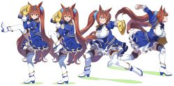Rule 34 | 1girl, absurdres, animal ears, ball, baseball, baseball glove, blue skirt, breasts, closed mouth, commentary request, daiwa scarlet (umamusume), full body, highres, holding, holding ball, horse ears, horse girl, horse tail, large breasts, long hair, long sleeves, looking at viewer, motion blur, multiple views, nishiki kazue, open mouth, red eyes, red hair, simple background, skirt, standing, standing on one leg, tail, thighhighs, tiara, twintails, umamusume, white background, white thighhighs