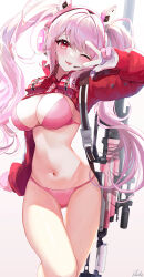 Rule 34 | 1girl, :p, ;p, alice (nikke), animal ears, bikini, blush, breasts, cheese, cleavage, clothes writing, cowboy shot, fake animal ears, food, gloves, goddess of victory: nikke, gun, gun on back, headphones, headset, highres, jacket, large breasts, long hair, long sleeves, looking at viewer, navel, one eye closed, pink bikini, pink gloves, pink hair, pistachiocream, puffy long sleeves, puffy sleeves, red eyes, red jacket, rifle, sidelocks, signature, simple background, smile, sniper rifle, solo, standing, stomach, swimsuit, tongue, tongue out, twintails, v, v over eye, very long hair, weapon, weapon on back, white background