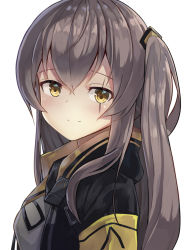 Rule 34 | 1girl, absurdres, brown hair, commentary, girls&#039; frontline, highres, jacket, long hair, looking at viewer, motokonut, scar, scar across eye, scar on face, simple background, smile, solo, twintails, ump45 (girls&#039; frontline), upper body, white background, yellow eyes