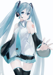 Rule 34 | 1girl, absurdres, black skirt, black sleeves, black thighhighs, blue eyes, blue hair, blue necktie, character name, closed mouth, collared shirt, cowboy shot, detached sleeves, dress shirt, floating hair, hair between eyes, hatsune miku, headphones, headset, highres, long hair, long sleeves, looking at viewer, microphone, miniskirt, necktie, number tattoo, pleated skirt, potetoneko, shiny clothes, shiny legwear, shirt, shoulder tattoo, simple background, skirt, sleeveless, sleeveless shirt, smile, solo, standing, tattoo, thigh gap, thighhighs, twintails, very long hair, vocaloid, white background, white shirt, wing collar, zettai ryouiki