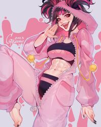 Rule 34 | 1girl, :d, abs, absurdres, artist name, barefoot, black hair, black nails, blunt bangs, breasts, commentary, cowboy shot, drawstring, english commentary, fangs, fingernails, foot out of frame, greenu, han juri, highres, hood, large breasts, looking at viewer, multicolored hair, nail polish, navel, official alternate costume, official alternate hairstyle, onesie, open mouth, pajamas, pink hair, pink pajamas, purple eyes, sharp fingernails, short twintails, signature, smile, solo, spider web print, sports bra, standing, standing on one leg, stomach, streaked hair, street fighter, street fighter 6, toenail polish, toenails, twintails, two-tone background, two-tone hair, underwear, unzipped, variant set, white background