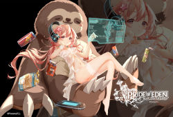 Rule 34 | 1girl, babydoll, black background, can, chips (food), closed mouth, clouble, crossed legs, drink can, evante (pride of eden), food, frills, hair ornament, hand on own cheek, hand on own face, headphones, highres, lingerie, long hair, looking at viewer, low twintails, navel, no shoes, official art, panties, pink hair, potato chips, red: pride of eden, red eyes, see-through, side-tie panties, sitting, soda can, solo, star (symbol), star hair ornament, stomach, stuffed animal, stuffed sloth, stuffed toy, thighhighs, thighs, twintails, underwear, underwear only, very long hair, watermark, white thighhighs, wrist cuffs, zoom layer