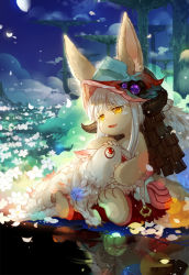 Rule 34 | 1girl, :3, animal ears, brown eyes, ears through headwear, fake horns, flower, from side, full body, furrowed brow, furry, headpat, helmet, horned helmet, horns, huazha01, lens flare, looking at another, looking away, made in abyss, mitty (made in abyss), nanachi (made in abyss), pants, parted lips, petals, red eyes, reflection, sitting, topless, white hair