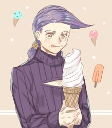 Rule 34 | 1boy, :q, cleavage cutout, clothing cutout, food, food on face, freckles, ice cream, ice cream cone, jojo no kimyou na bouken, licking lips, long hair, male focus, ponytail, purple hair, solo, sweater, tongue, tongue out, vento aureo, vinegar doppio, yellow eyes, yepnean