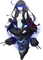 Rule 34 | 10s, 1girl, abyssal ship, akira (kadokawa), black hair, blue eyes, breasts, character request, claws, cleavage, clenched hands, clenched teeth, full body, gauntlets, kantai collection, light cruiser oni, long hair, looking at viewer, machinery, official art, solo, teeth, transparent background, turret