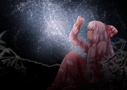 Rule 34 | 1girl, arm up, baggy pants, bamboo, bow, collared shirt, commentary request, fujiwara no mokou, hair bow, holding, knees up, long hair, long sleeves, looking up, night, night sky, pants, red eyes, shirt, silver hair, sitting, sky, solo, star (sky), starry sky, suspenders, talisman, touhou, very long hair, yua (checkmate)
