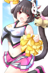 Rule 34 | 1girl, :d, animal ears, arm up, azur lane, bare shoulders, bell, black footwear, black hair, black shirt, black socks, breasts, cat ears, cat girl, cat tail, collarbone, cowboy shot, crop top, crop top overhang, fang, fox mask, gudon (iukhzl), holding, holding pom poms, jingle bell, large breasts, leg up, looking at viewer, mask, mask on head, midriff, miniskirt, navel, open mouth, pink skirt, pleated skirt, pom pom (cheerleading), pom poms, red eyes, shirt, shoes, short hair, skirt, sleeveless, sleeveless shirt, smile, socks, solo, stomach, sweat, tail, undershirt, white shirt, yamashiro (azur lane)