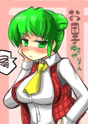 Rule 34 | 1girl, alternate hairstyle, ascot, bad anatomy, checkered clothes, checkered vest, double bun, embarrassed, gaoo (frpjx283), green eyes, green hair, hand on own cheek, hand on own face, highres, kazami yuuka, matching hair/eyes, solo, touhou, vest
