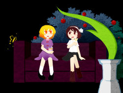 Rule 34 | 2girls, alcohol, apple tree, blonde hair, brown hair, couch, cup, dateless bar &quot;old adam&quot;, dress, drinking glass, eye contact, hair ribbon, holding, holding cup, crossed legs, looking at another, maribel hearn, multiple girls, no headwear, no headwear, open mouth, plant, purple dress, ribbon, short hair, sitting, touhou, tree, usami renko, vase, white ribbon, yellow eyes