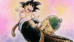 Rule 34 | 2boys, ^ ^, aged down, basket, black hair, child, closed eyes, dragon ball, gohan ojichan, grandpa gohan, happy, hat, holding, japanese clothes, male focus, monkey tail, multiple boys, nude, outstretched arms, screencap, son goku, spiked hair, spread arms, tail, white hair