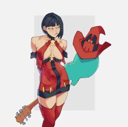 Rule 34 | 1girl, black hair, dress, electric guitar, green eyes, guilty gear, guilty gear xx, guitar, hat, highres, i-no, instrument, looking to the side, medium hair, mole, mole above mouth, red dress, red footwear, red hat, red lips, scribbora, witch hat