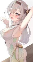 Rule 34 | 1girl, armpits, arms up, ass, black bun, black ribbon, blue eyes, blue pupils, blush, breasts, collared dress, cowbell, dress, firefly (honkai: star rail), highres, honkai: star rail, honkai (series), long hair, looking at viewer, one eye closed, open mouth, pink eyes, ribbon, simple background, solo, tongue, very long hair, white background, white dress, white hair