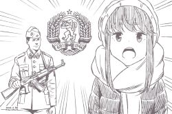 Rule 34 | 1boy, 1girl, assault rifle, beanie, brown theme, closed mouth, coat, dated, emphasis lines, gun, hat, heraldry, horikou, jacket, looking at viewer, manly, military, military jacket, military uniform, monochrome, open mouth, real life, rifle, scarf, shima rin, signature, smile, soldier, soviet, uniform, weapon, yurucamp