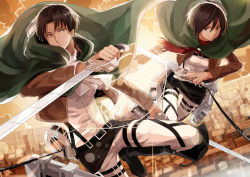 Rule 34 | 1boy, 1girl, black eyes, black hair, brown eyes, brown jacket, cape, day, dress shirt, dual wielding, green cape, hair between eyes, holding, holding sword, holding weapon, jacket, lens flare, levi (shingeki no kyojin), looking at viewer, michi (iawei), mikasa ackerman, military, military uniform, open clothes, open jacket, outdoors, pants, red scarf, scarf, shingeki no kyojin, shirt, short hair, sunlight, sword, three-dimensional maneuver gear, uniform, weapon, white pants, white shirt