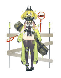 Rule 34 | 1girl, absurdres, anklet, bag, black footwear, black thighhighs, blonde hair, blush, breasts, cape, clothes writing, collarbone, english text, female focus, full body, gloves, green eyes, hand up, headgear, highres, holding, jewelry, knee pads, leotard, looking at viewer, medium breasts, nana ann, no entry sign, original, pouch, respirator, road sign, shiny clothes, shiny skin, shoes, short hair, sidelocks, sign, simple background, single knee pad, skindentation, solo, standing, stop sign, straight-on, strapless, strapless leotard, thighhighs, thighs, two-sided cape, two-sided fabric, weapon case, white background, white gloves, white leotard, wide hips, yellow cape